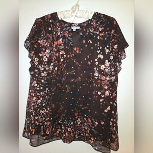 nine britton Brown Floral Flutter Sleeve Blouse